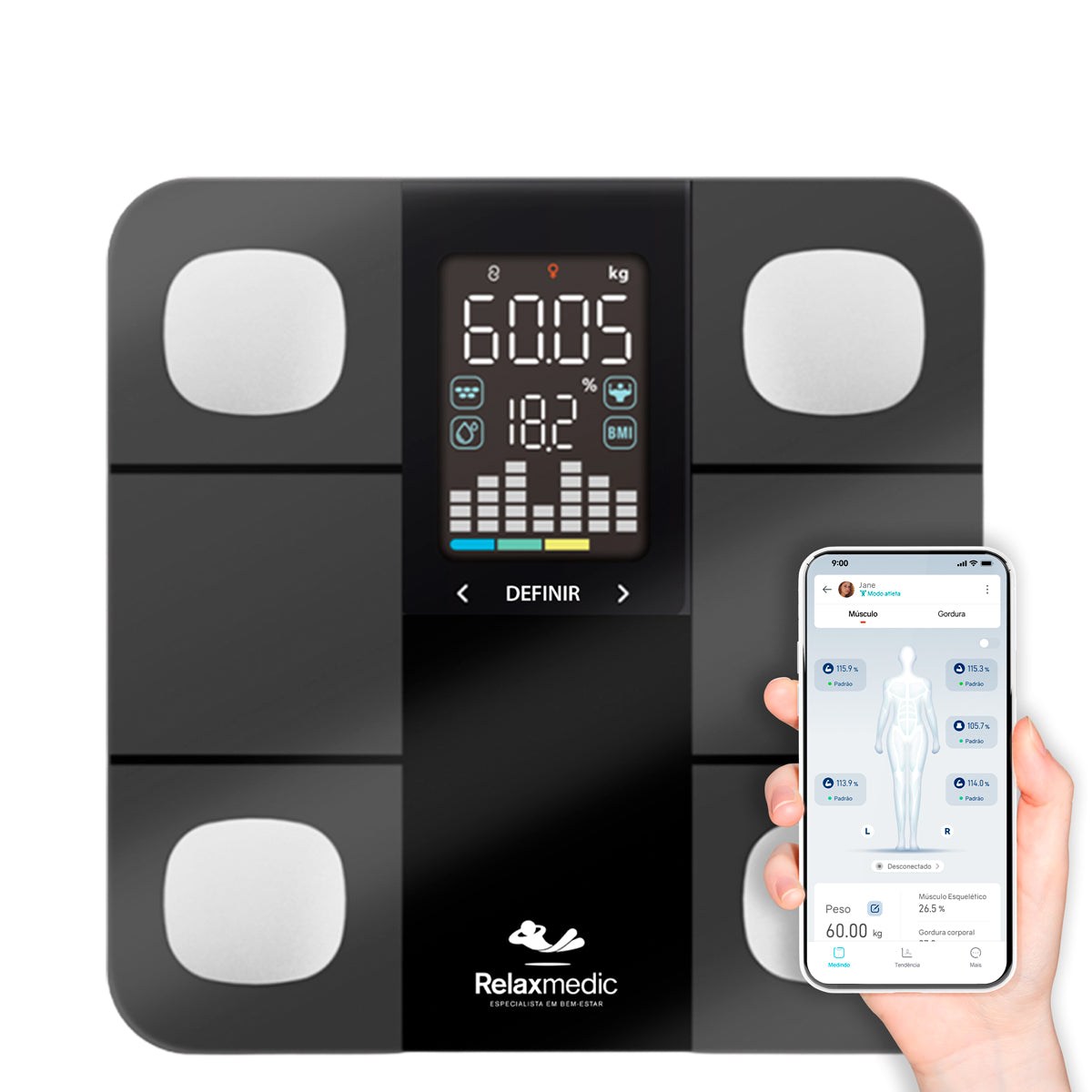 Foto de referência: Balança corporal com bioimpedância e Bluetooth.