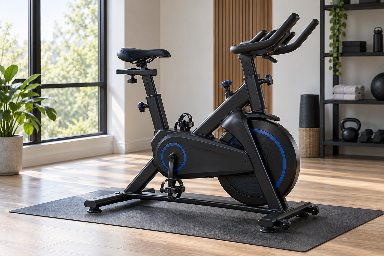 Bicicleta de spinning genérica preta com detalhes azuis em um espaço de treino.