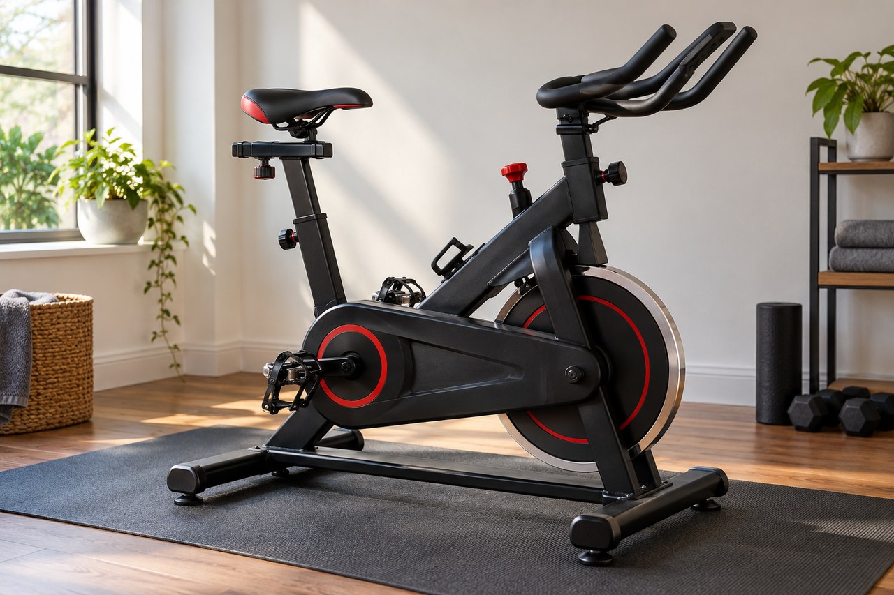 Bicicleta de spinning genérica preta e vermelha em um ambiente de treino residencial.
