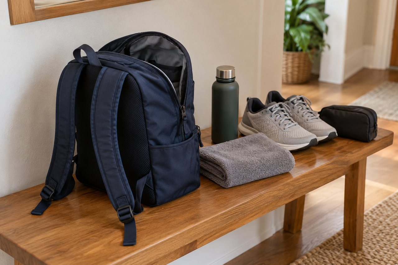 Mochila azul aberta com duas alças acolchoadas visíveis, ao lado de toalha, garrafa, tênis e nécessaire sobre um banco de entrada.