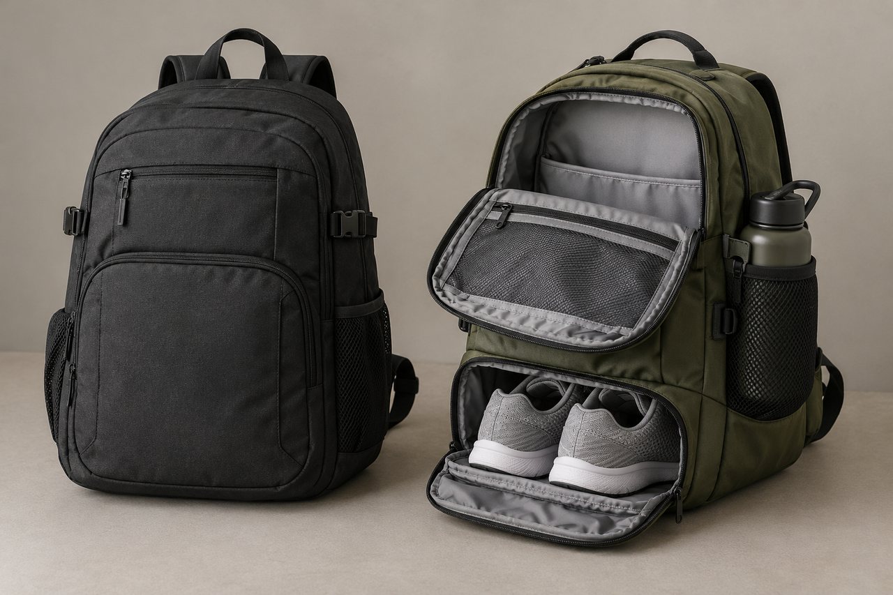 Duas mochilas de academia, uma fechada e outra aberta com divisórias, compartimento de tênis e bolso lateral com garrafa.